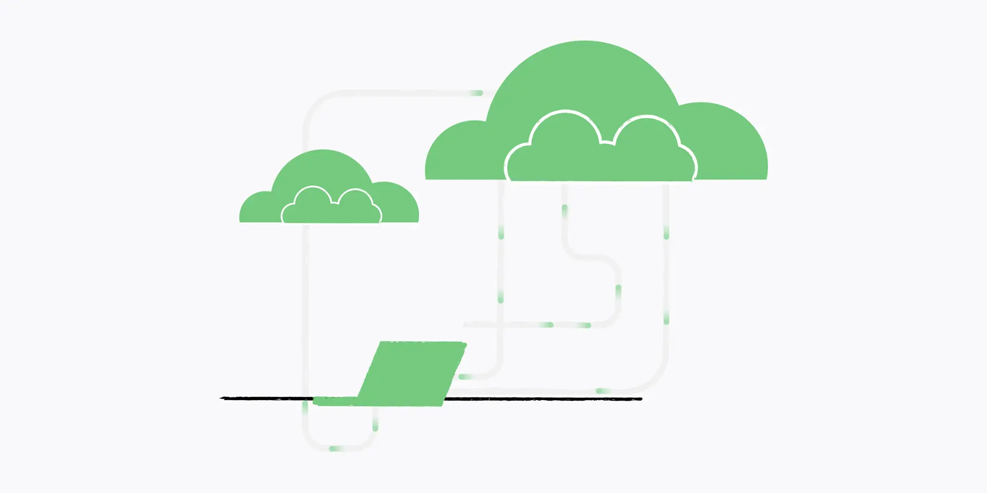 Illustration of clouds connected to a laptop.