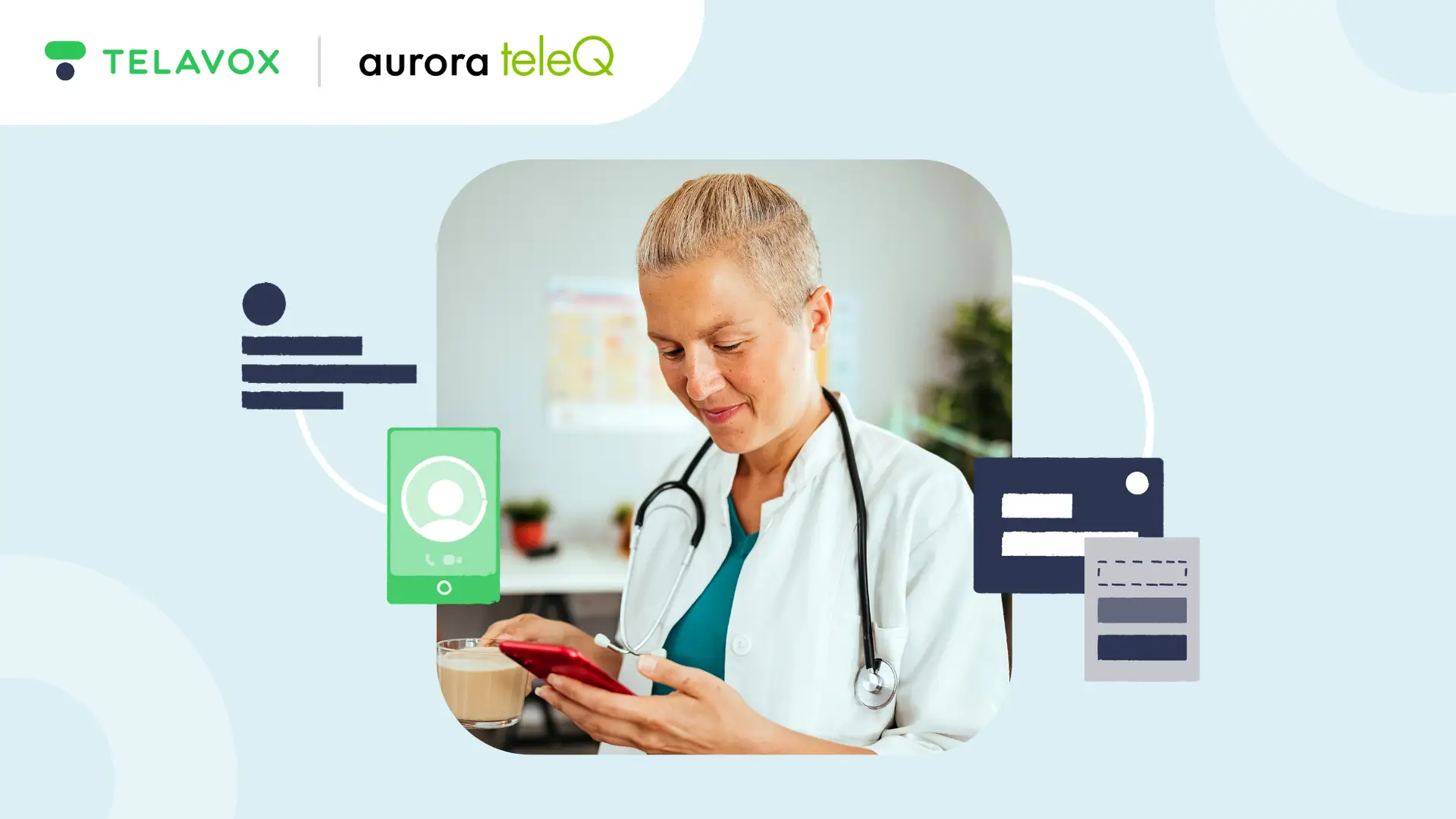 Läkare i vit rock tittar på sin mobiltelefon. Text: Telavox aurora teleQ