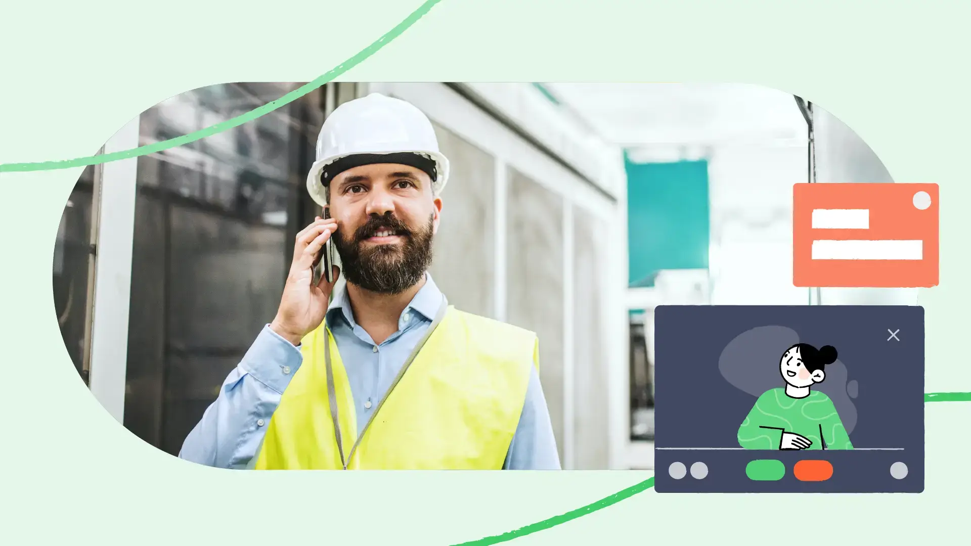 Man with hardhat and yellow vest talks on a smartphone outside a building