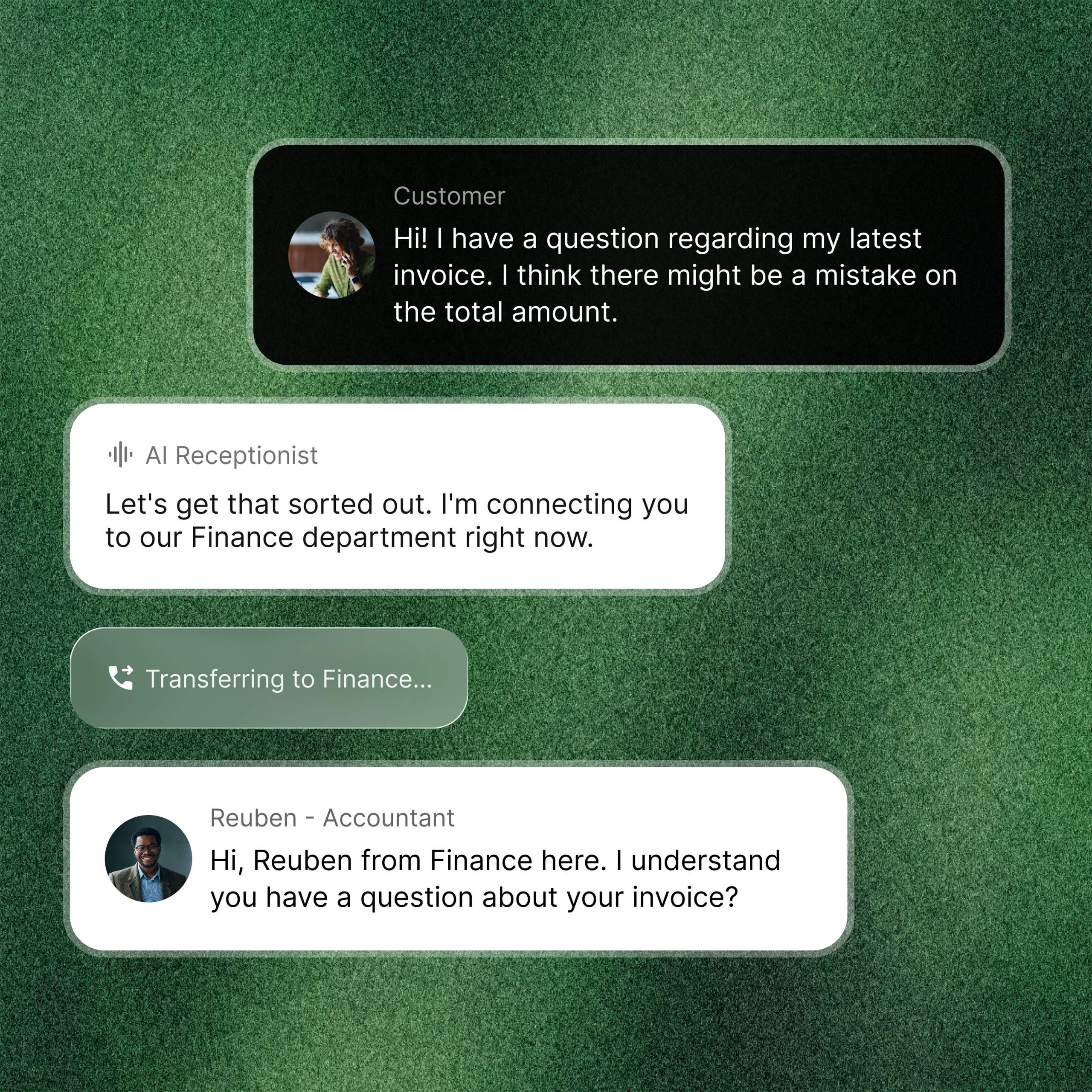 Kund ringer in och AI Receptionisten kopplar om samtalet till rätt person